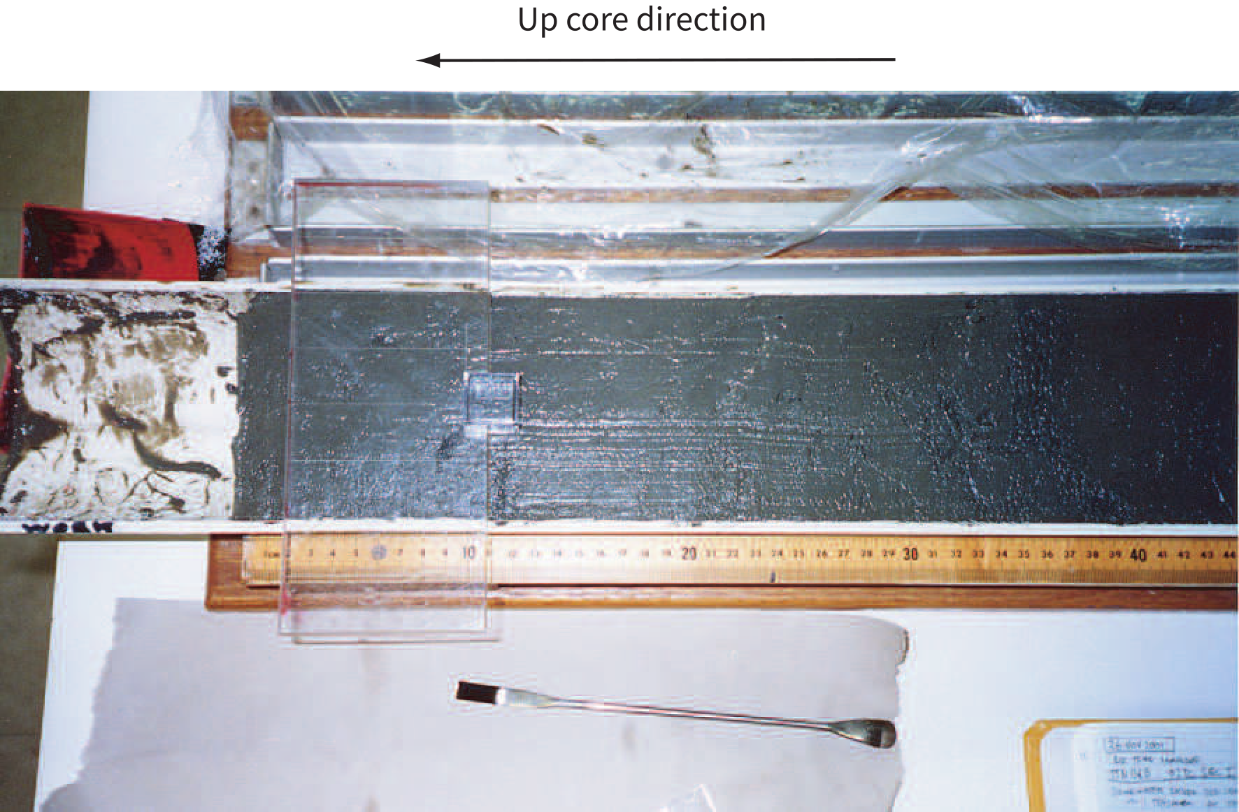 Split sediment core in a plastic liner with a clear plastic sampling cube pressed into the surface, a ruler for scale, and an arrow indicating the up-core direction.