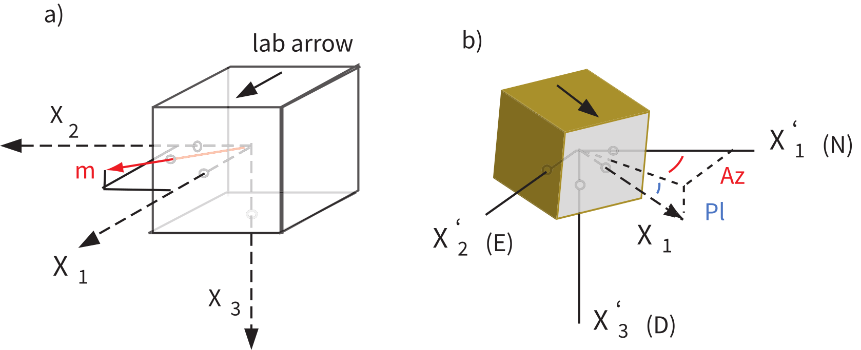 a) Specimen coordinates with X_1 being along the “lab arrow”. A magnetic moment \m was measured relative to the specimen coordinate system with components x_1, x_2, x_3. The orientation of the lab arrow with respect to geographic coordinates (X'_1 = N) is specified by the azimuth and plunge (Az, Pl) of the lab arrow.