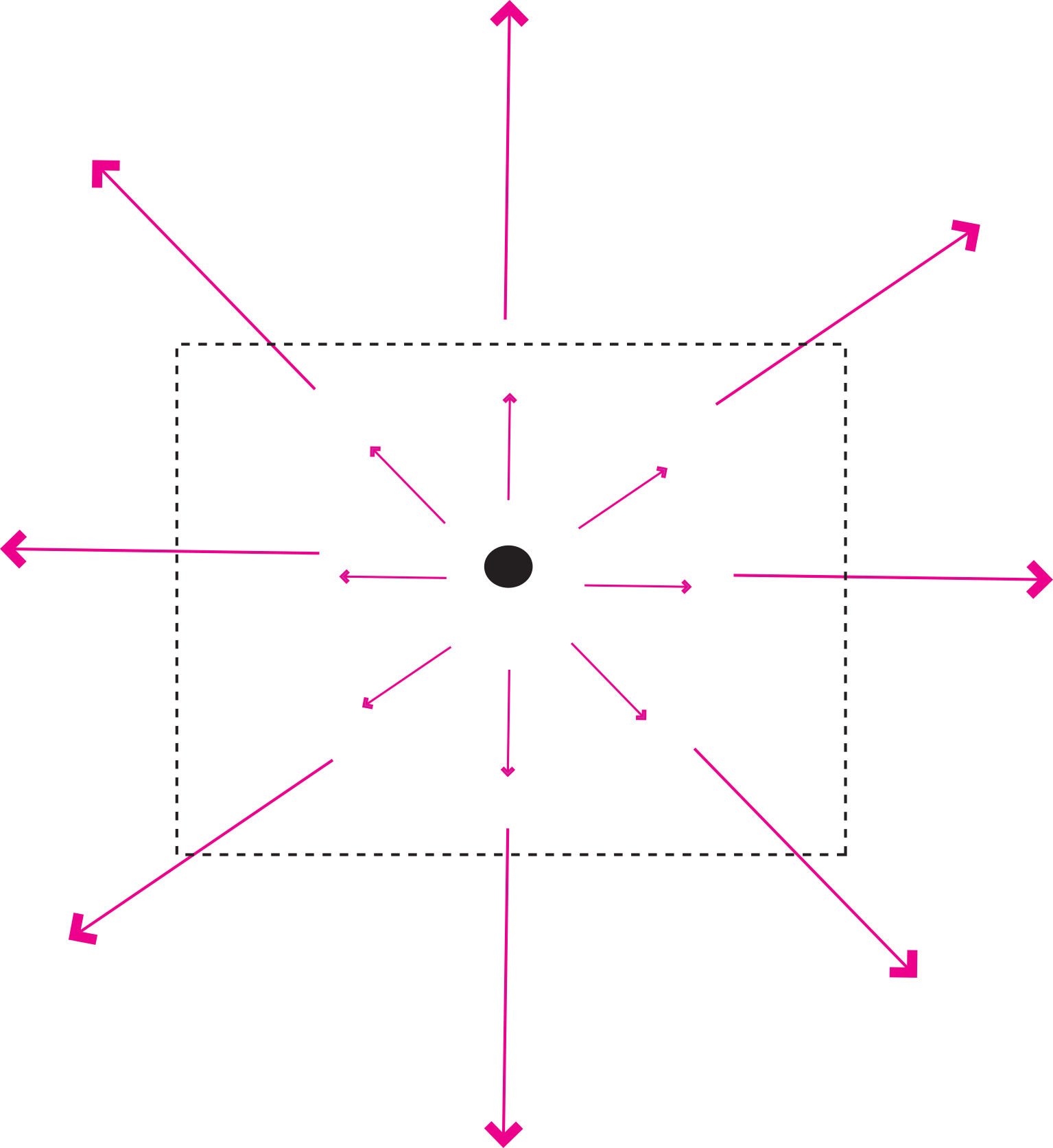 Arrows radiating outward from a central point with increasing magnitude, enclosed by a dashed box, illustrating a vector field with non-zero divergence.