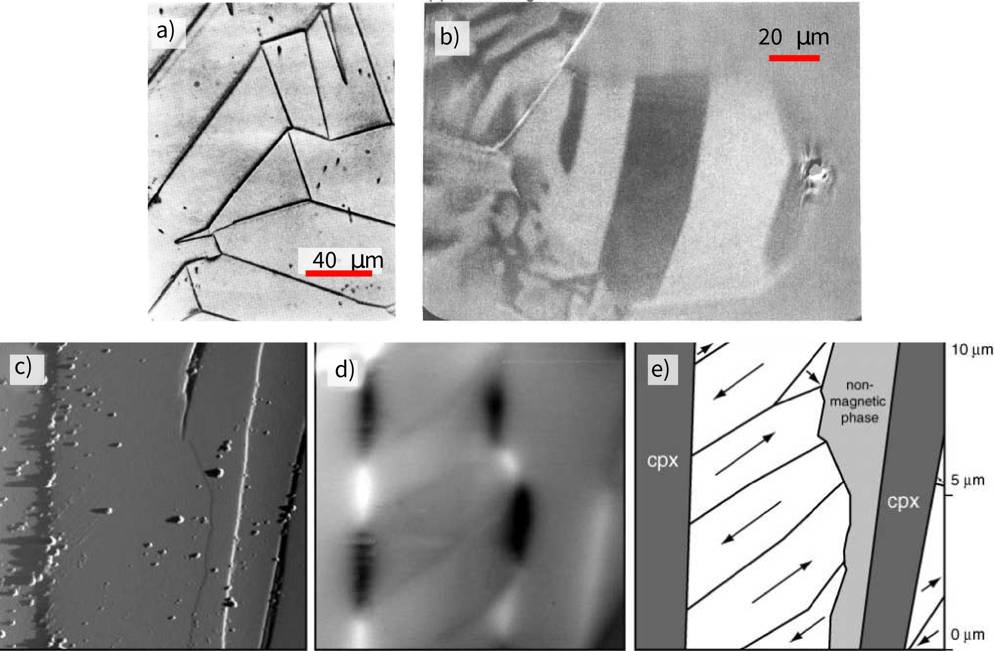 Five-panel figure showing domain imaging techniques: (a) Bitter pattern micrograph with dark lines marking domain walls on polished magnetite, (b) MOKE image with light and dark bands revealing domain orientations, (c-e) MFM of a magnetite inclusion showing surface topography, magnetic signal, and interpreted domain directions.