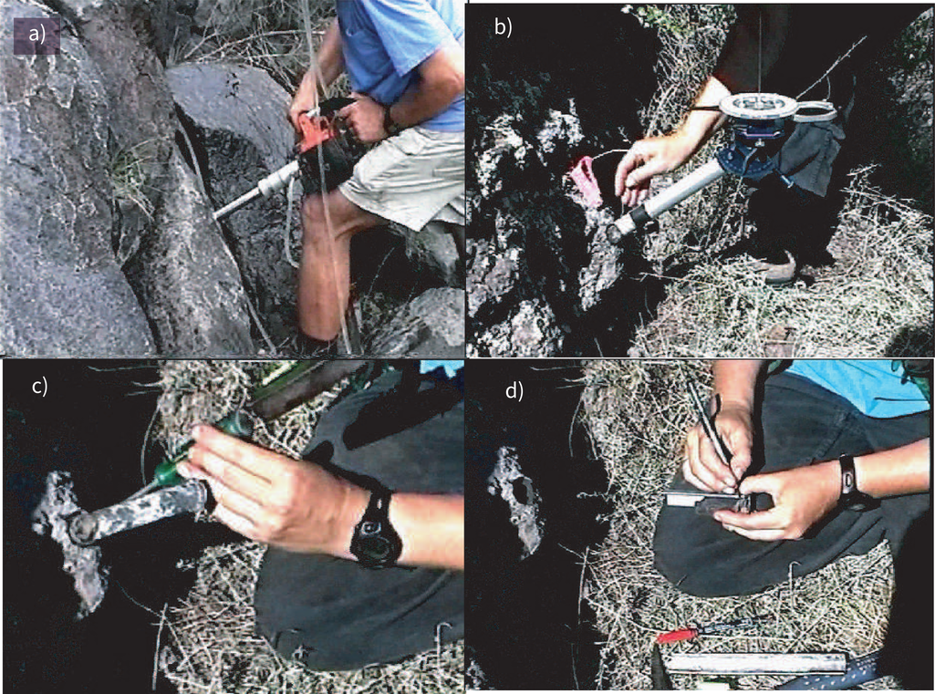 Sampling technique with a water-cooled drill. [Photos of Daniel Staudigel.] a) Drill the sample. b) Insert a non-magnetic slotted tube with an adjustable platform around the sample. Rotate the slot to the upper side of the sample. Note the azimuth and plunge of the drill direction (into the outcrop) with a sun and/or magnetic compass and inclinometer. Mark the sample through the slot with a brass or copper wire. c) Extract the sample. d) Make a permanent arrow on the upper side of the sample in the direction of drilling and label the sample with the sample name. Make a note of the name and orientation of the arrow in a field notebook.