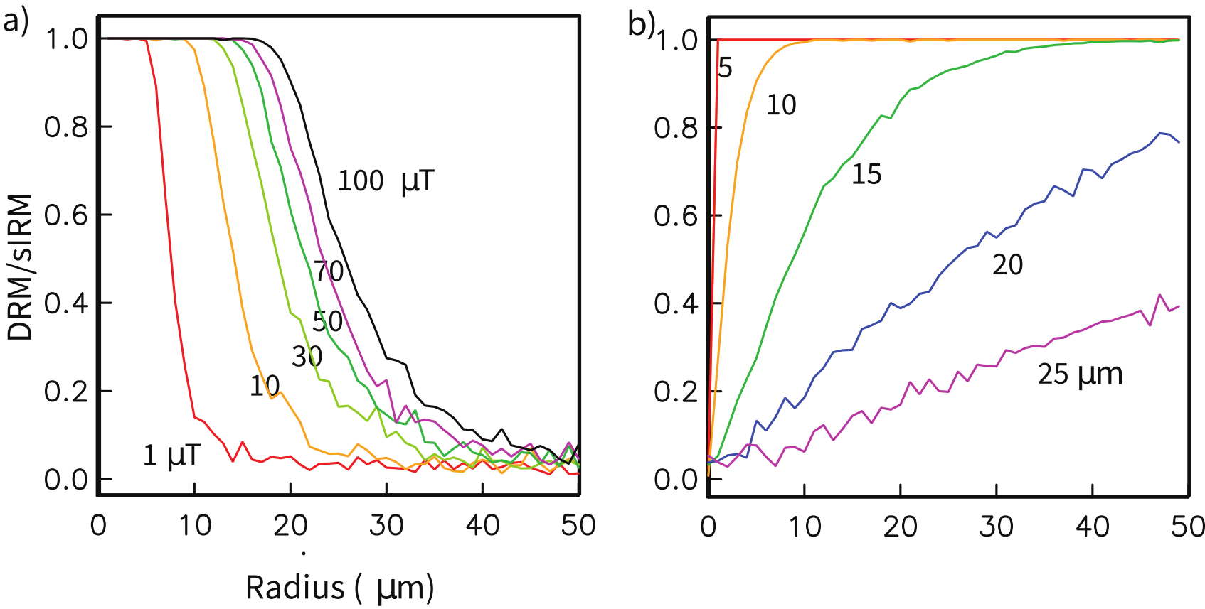 Two panels: a) DRM/sIRM versus floc radius for different applied field strengths showing sharp transitions from aligned to random, b) DRM/sIRM versus applied field B for different floc radii showing larger flocs yield weaker, more linear DRM.