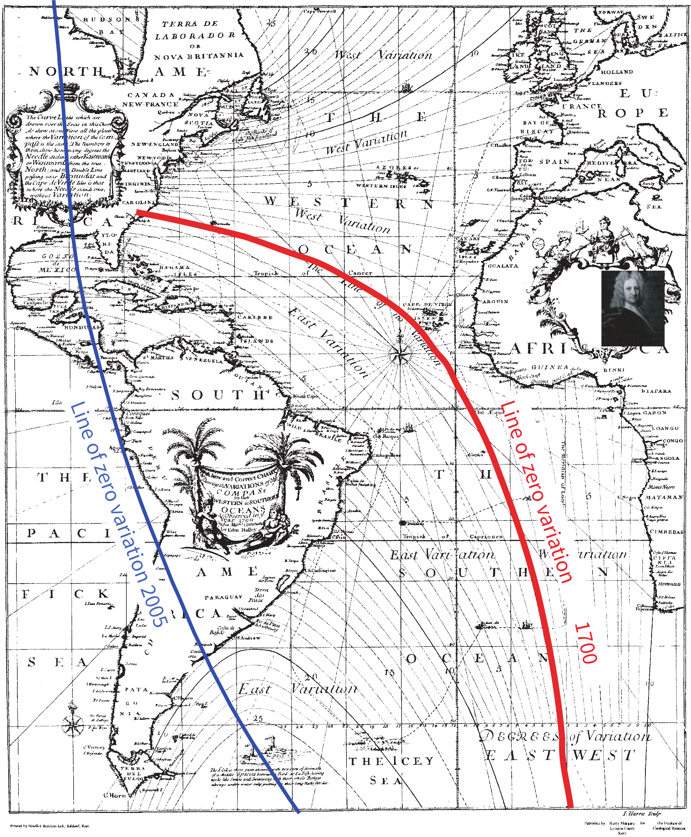 Historical Atlantic chart by Halley showing contour lines of magnetic declination circa 1700, with the 2005 zero-declination line overlaid in blue showing westward drift.