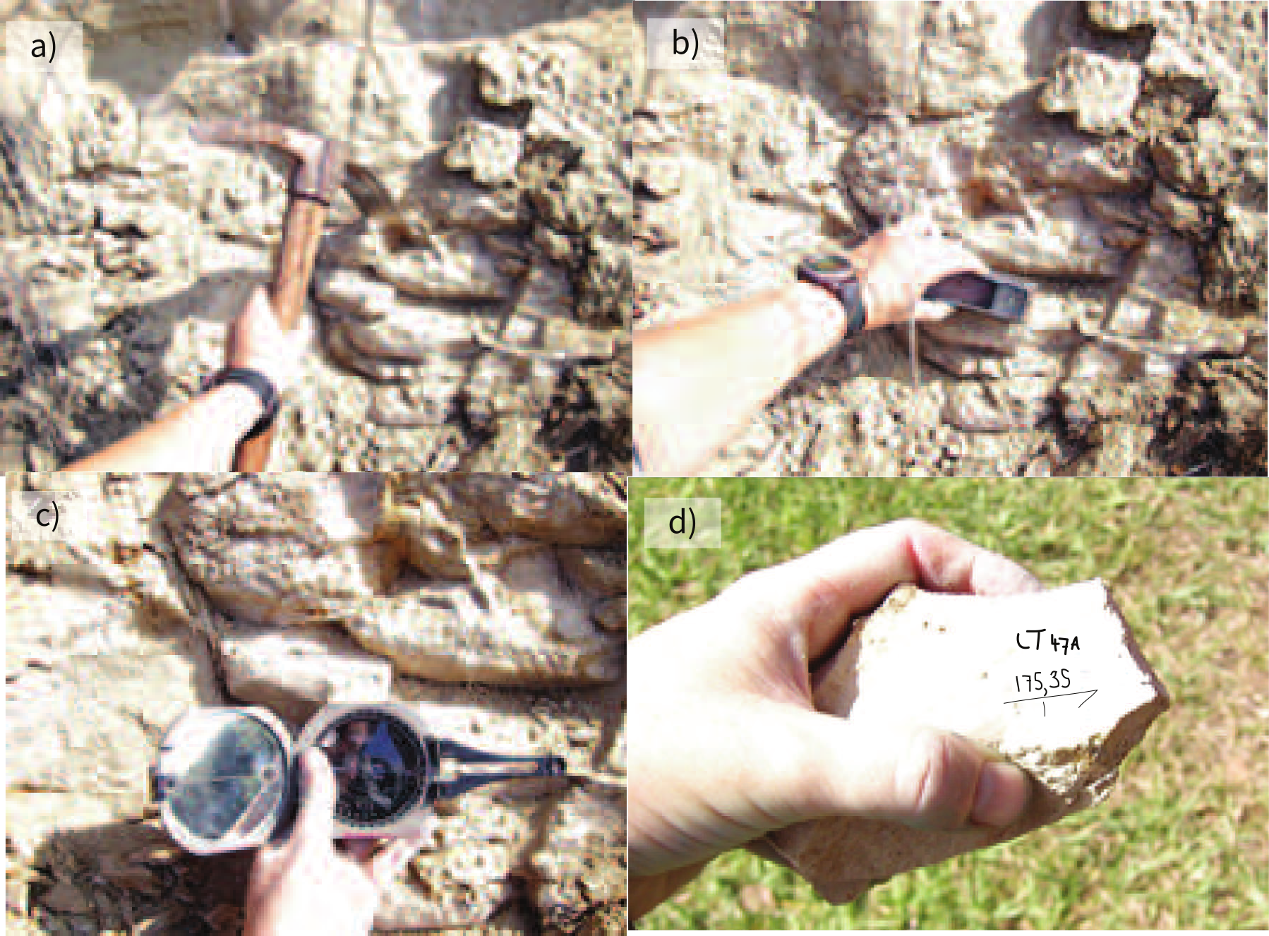 Four-panel photo sequence showing hand sampling of soft sediment: digging to fresh material, rasping a flat surface, marking strike and dip with a compass, and labeled extracted sample.