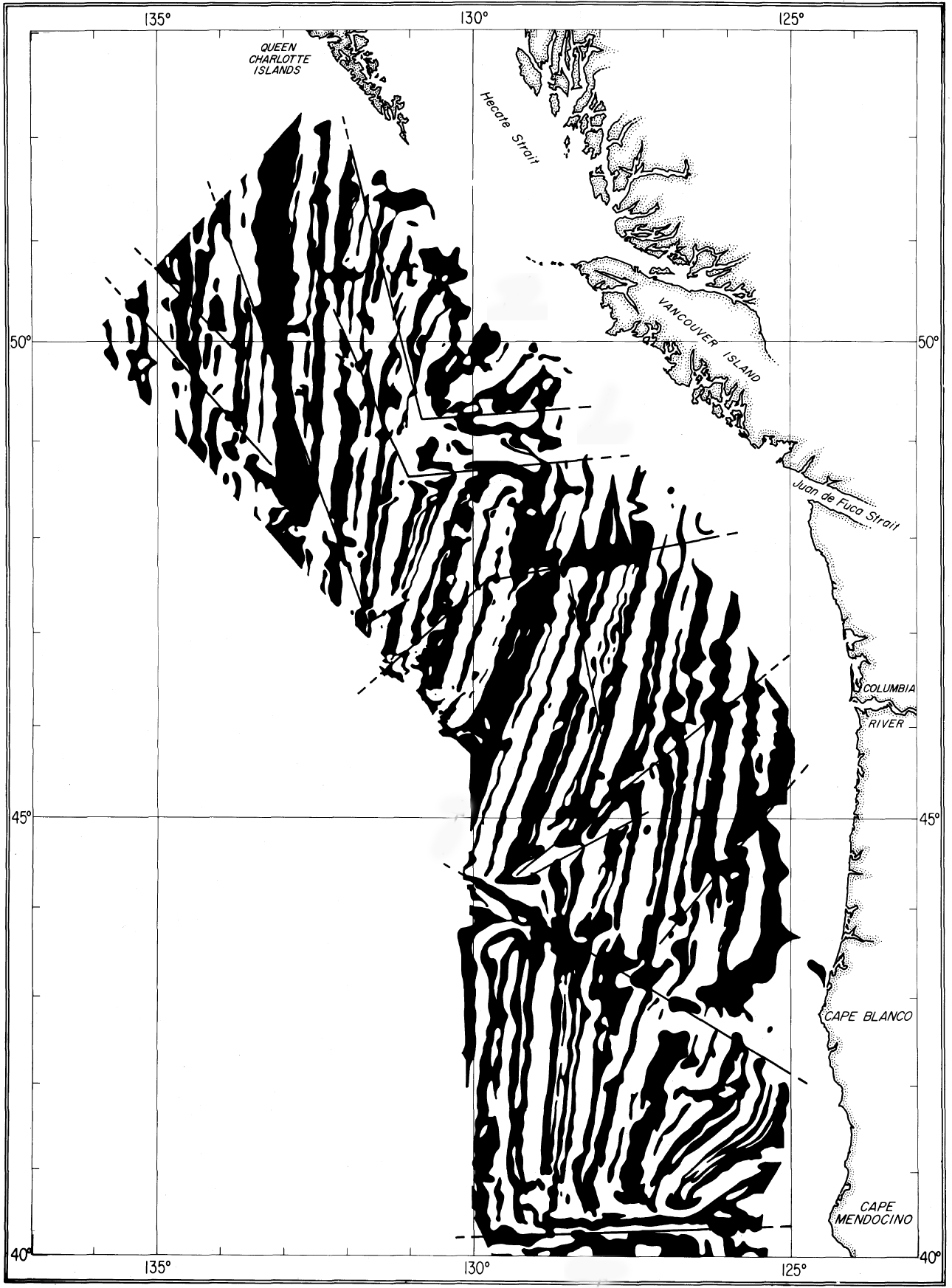 Black-and-white striped map of marine magnetic anomalies offshore northwestern North America, from Cape Mendocino to British Columbia.