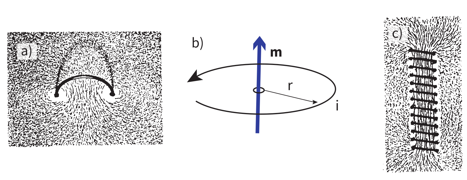 Iron filings around a current loop, a diagram of a current loop producing magnetic moment m, and iron filings around a solenoid of stacked loops.