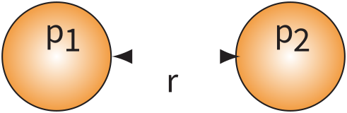 Two magnetic monopoles p1 and p2 shown as spheres separated by distance r, with arrows indicating the force between them.