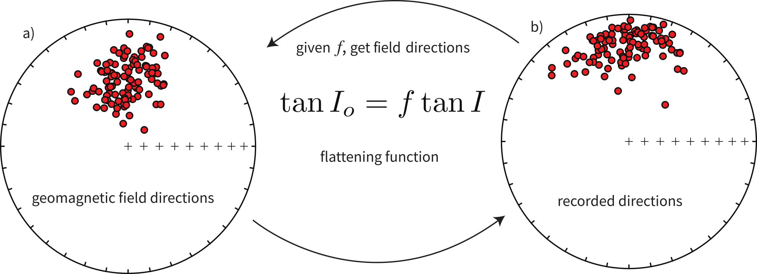 Two equal area projections linked by the flattening function: N-S elongated geomagnetic field directions on the left become E-W elongated recorded directions on the right.