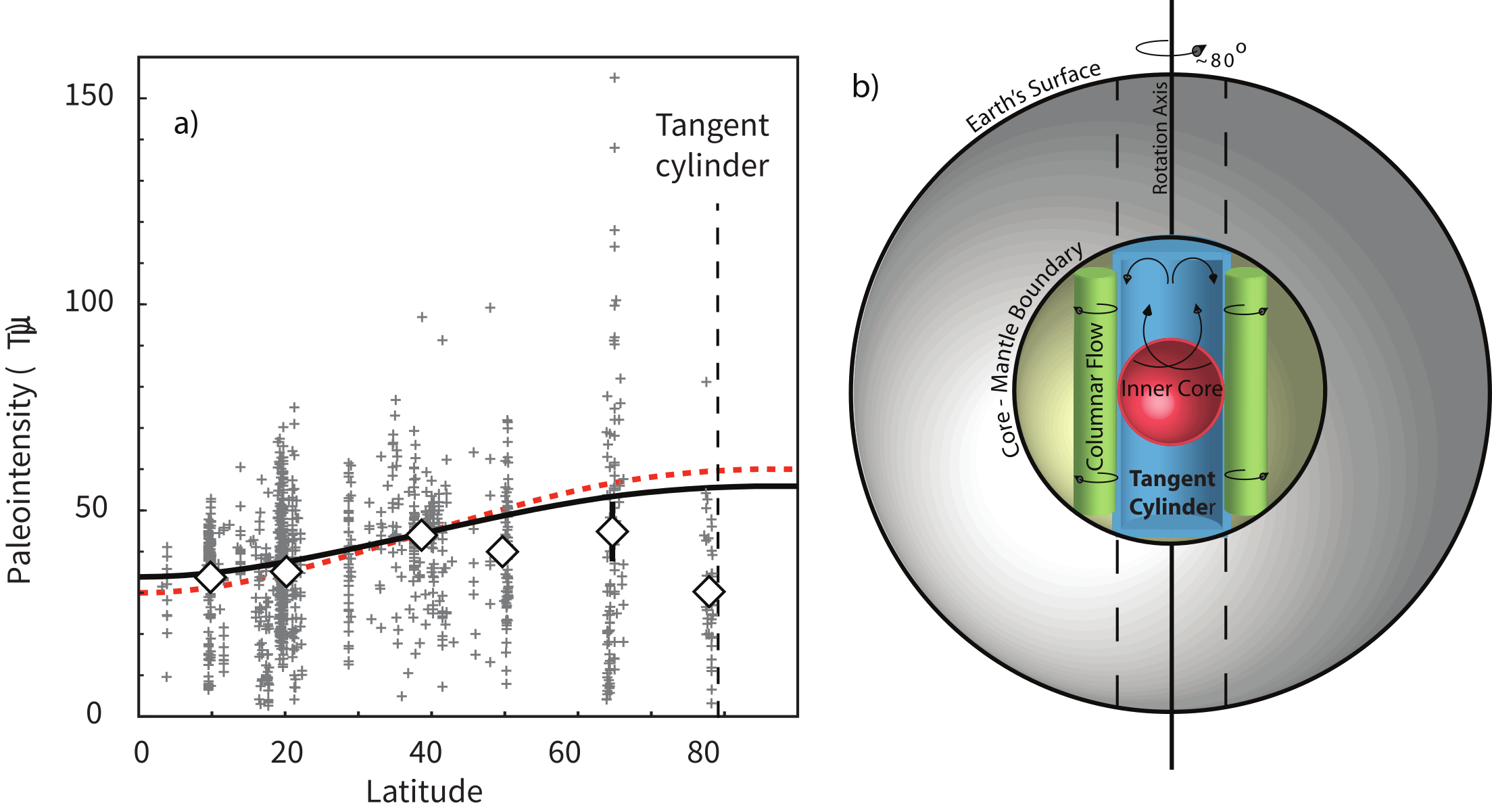 Paleointensity versus latitude scatter plot with binned means showing a plateau or decline above 65 degrees near the tangent cylinder, beside a cutaway Earth diagram illustrating columnar outer-core flow and the tangent cylinder around the inner core.