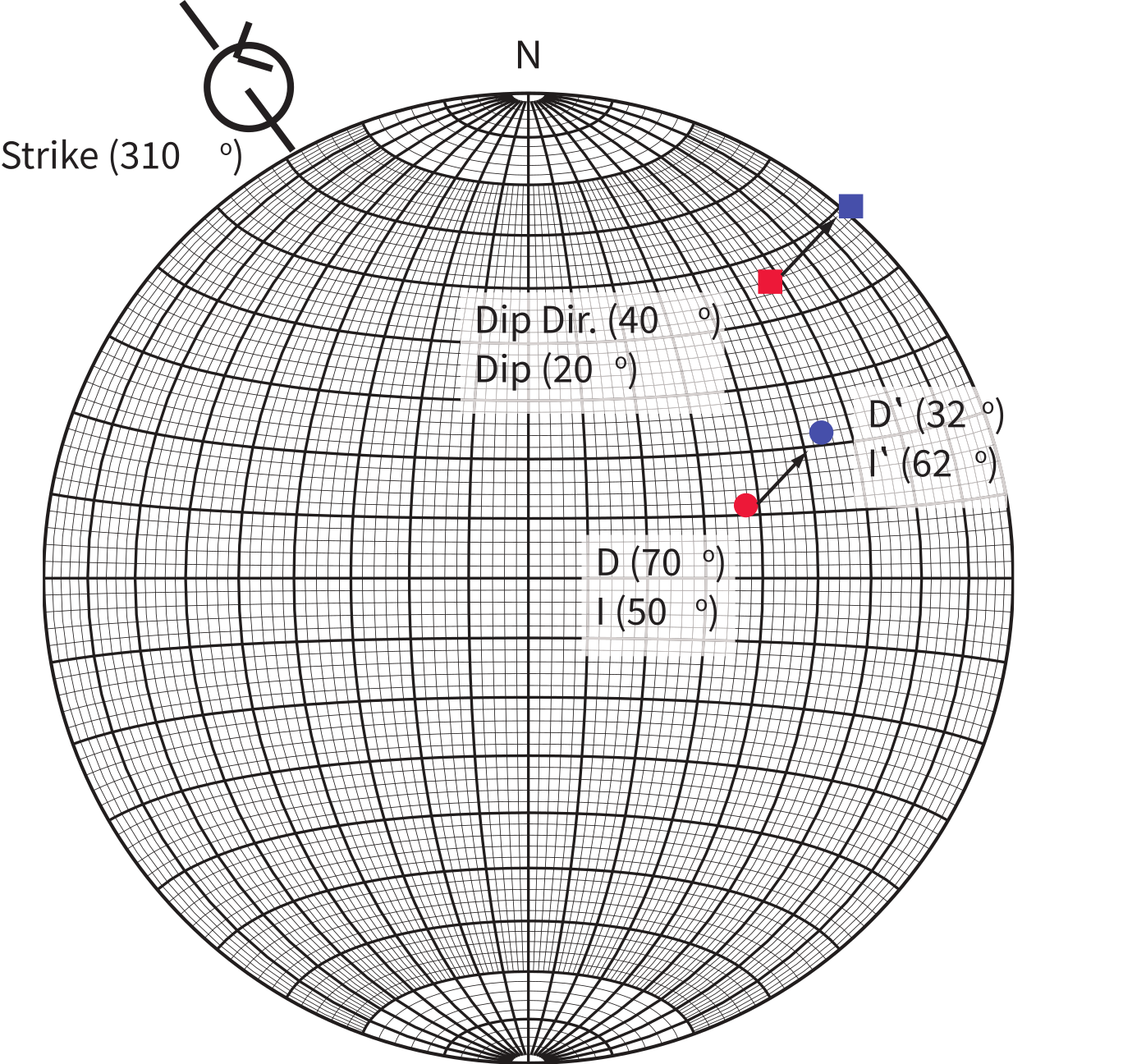 Equal area projection showing bedding-tilt correction with strike at 310 degrees, dip direction at 40 degrees, and in situ and corrected NRM directions connected by an arrow.