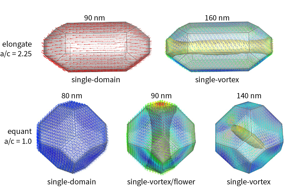 Micromagnetic simulations of six magnetite grains showing remanent states. Elongate grains transition from single-domain (90 nm) to single-vortex (160 nm). Equant grains progress from single-domain (80 nm) through flower state (90 nm) to single-vortex (140 nm). Colored arrows indicate local spin directions.